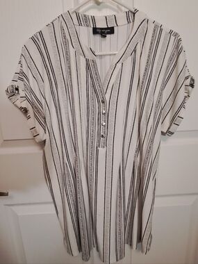 White & Black Striped Henley Flowy Summer Light Tunic Top XL 14/16 Short Sleeve